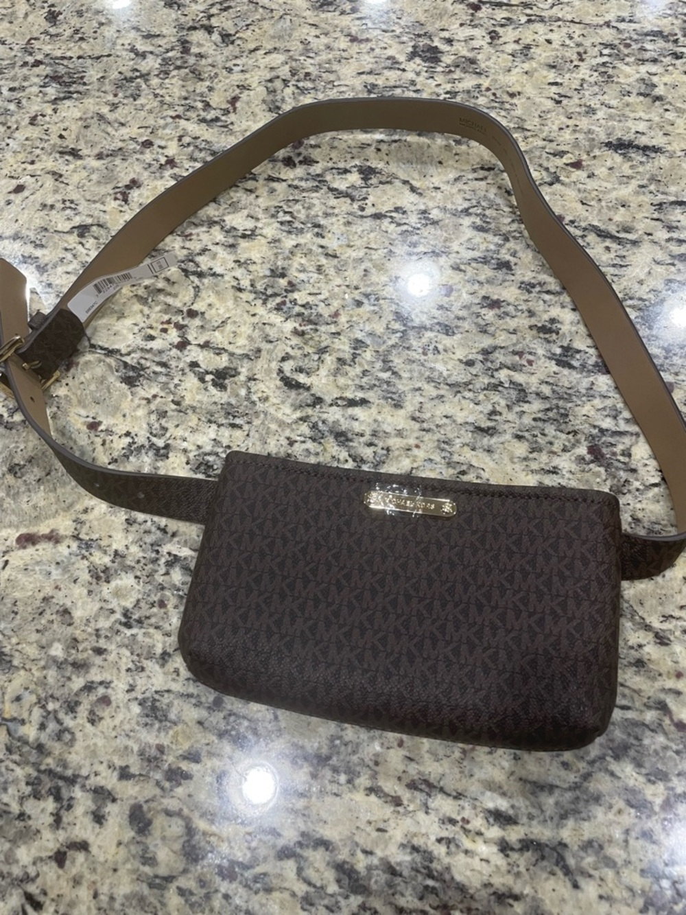 Michael Kors Brown Monogram Belt Bag with Gold Plaque